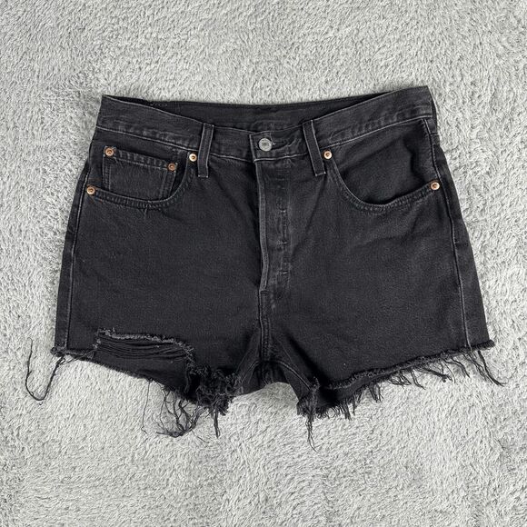Levi's Womens 501 Grunge Shorts W32 Black Fringe Raw Hem Button Fly Distressed - Picture 1 of 13